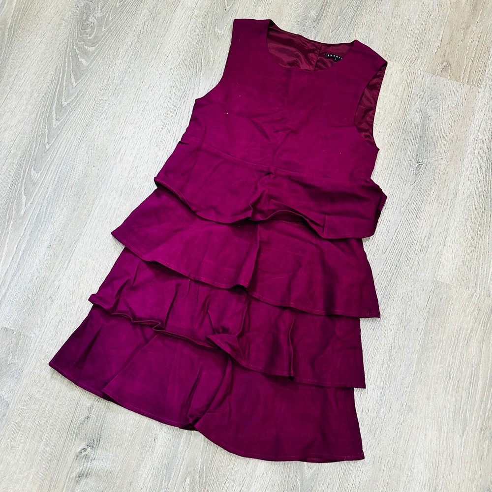 Theory Mini Dress Womens Petite Magenta Purple Tiered Ruffle Sleeveless Dress